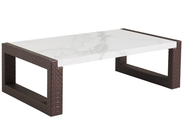 Lexington Tommy Bahama Outdoor 3420-947 Elegant Rectangular Cocktail Table With Woven Leather Look And Durable Sintered Stone Top Medium Brown Wood 3420-947