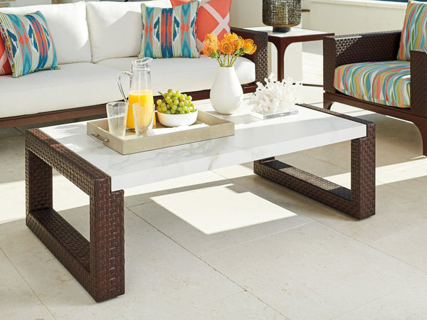 Lexington Tommy Bahama Outdoor 3420-947 Elegant Rectangular Cocktail Table With Woven Leather Look And Durable Sintered Stone Top Medium Brown Wood 3420-947