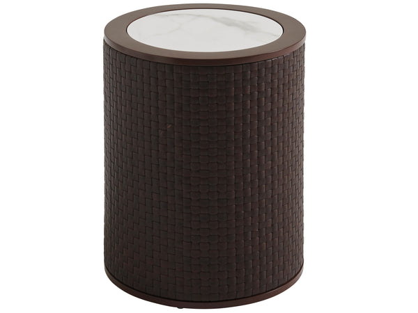 Lexington Tommy Bahama Outdoor 3420-952 Stylish Round Accent Table With Durable All-weather Wicker And Elegant Sintered Stone Top Medium Brown Wood 3420-952
