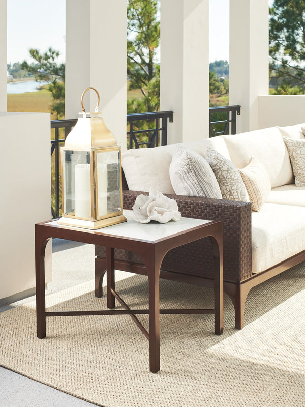 Lexington Tommy Bahama Outdoor 3420-955 Elegant End Table With Sintered Stone Top And Artisan Aluminum Frame For Outdoor Living Medium Brown Wood 3420-955