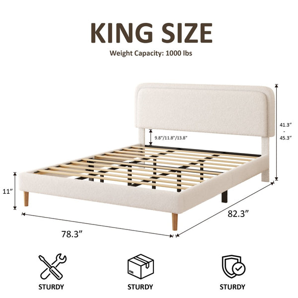 English Elm Queen Velvet Tufted Platform Bed Adjustable Headboard Steel Frame No Box Spring Beige W5239P503300