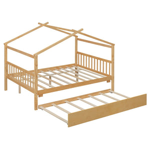 English Elm Full Size House Bed Solid Pinewood Frame with Pull Out Twin Trundle for Kids Natural LP000305AAM-1