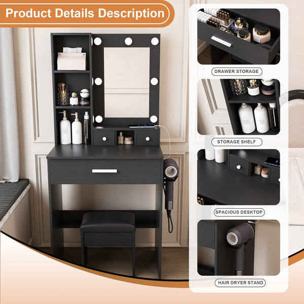 English Elm Vanity compact dressing desk with LED mirror, 3-color dimmable lights, drawers, stool, outlet Black W2699P345801