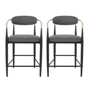 English Elm Counter Stools Set of Two Upholstered Matte Black Iron Frames with Gold Trim Modern N771P392273C