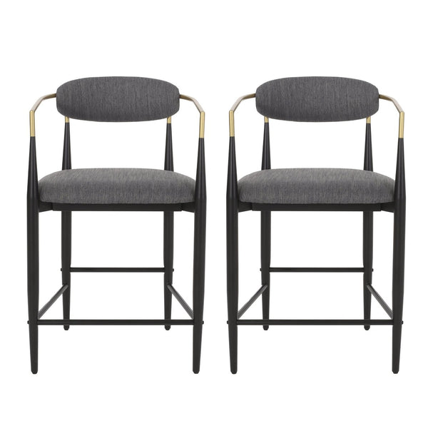 English Elm Counter Stools Set of Two Upholstered Matte Black Iron Frames with Gold Trim Modern N771P392273C