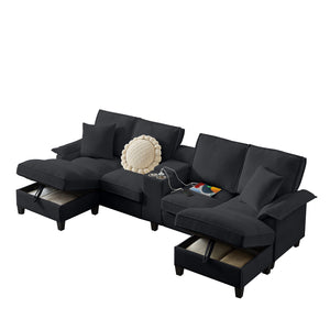English Elm 120" Modular Corduroy Sectional Sofa Bed with Storage, U-Shaped 4-Seater, Cup Holders & Console Black W1359S00013