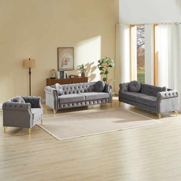 English Elm Velvet Chesterfield Tufted Sofa with Copper Stud Trim and Gold Legs for Glam Living Grey W834S00633