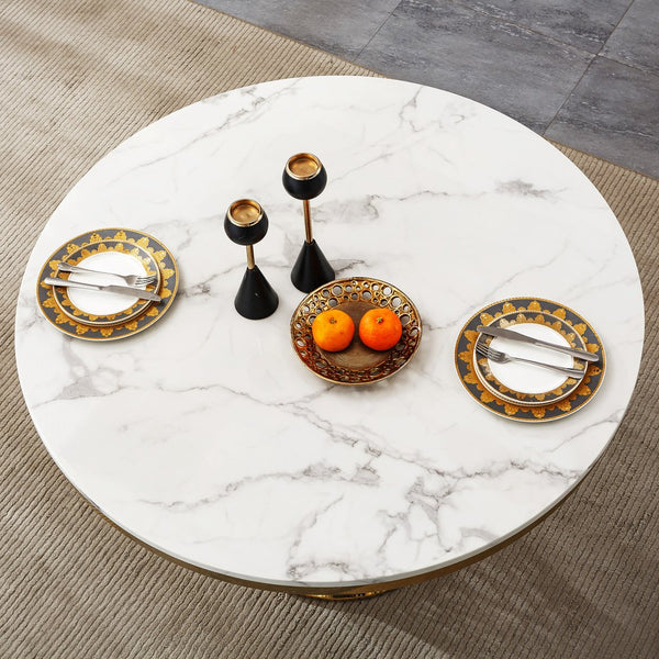 English Elm 47" Round Marble Dining Table - Luxurious Faux Marble Top & Sturdy Stainless Steel Base For Versatile Use W3456S00002