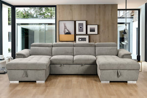 English Elm U U Shaped Sleeper Sofa with Pull-Out Bed and Hidden Chaise Storage, Plush Corduroy Comfort Light Gray W1417S00082