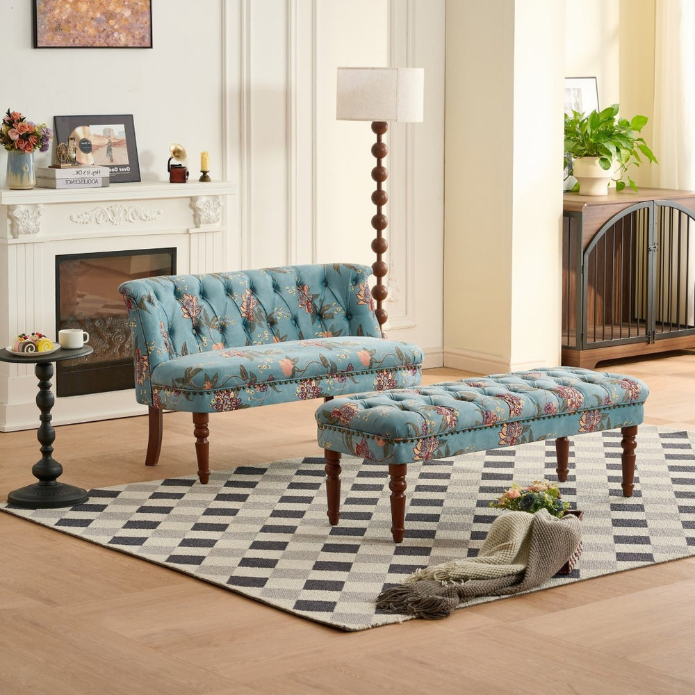 English Elm Sofa Accent Chair Tufted Floral Upholstery Turned Wood Legs European Vintage Bedroom W3373S00076
