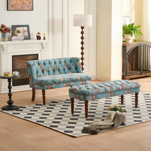 English Elm Sofa Accent Chair Tufted Floral Upholstery Turned Wood Legs European Vintage Bedroom W3373S00076