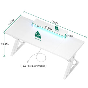 English Elm Thick Gaming Desk with USB Power Station, LED Mood Lighting, Monitor Riser & Waterproof Top for Home Setup White W1550P288548