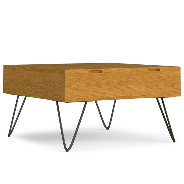English Elm Hunter Solid Oak Lift Top Square Coffee Table with Hidden Storage and Hairpin Legs B136P429095