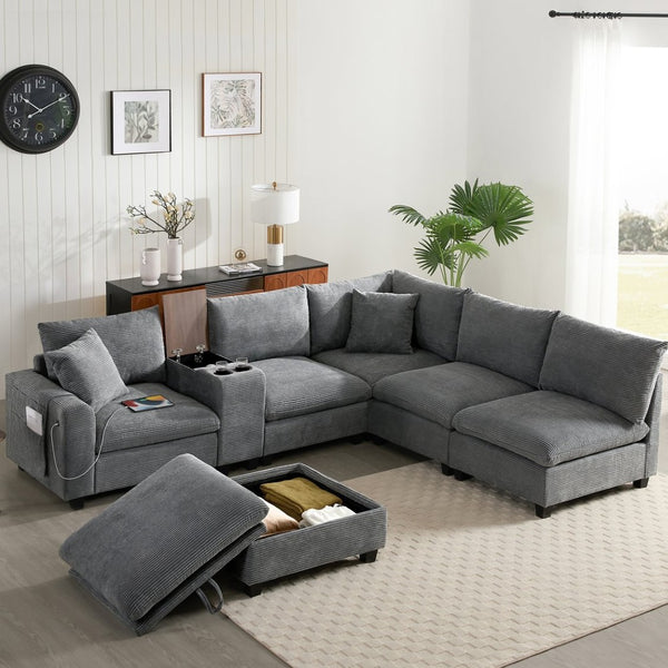 English Elm 139'' U-shaped Corduroy Sectional with Ottoman Console Usb Port and Cup Holders for Living Gray N723S1166E