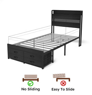 English Elm Twin Metal Platform Bed Frame With Headboard, Storage Drawers, Led Lights & Charging Station W2129P262895-GIGA