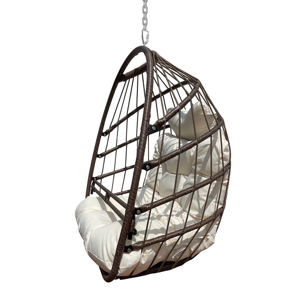 English Elm Swing Hammock Egg Chair with Wood-Grain Alloy Frame, UV-Resistant Rattan, Foldable 350lb Capacity beige brown W2707P184371