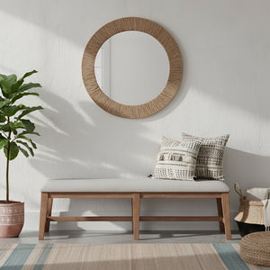 Alpine Furniture Olejo Bench With Oatmeal Cushion And Tapered Legs, Natural Wood Finish, Durable Stylish Seating (99) 3426-03