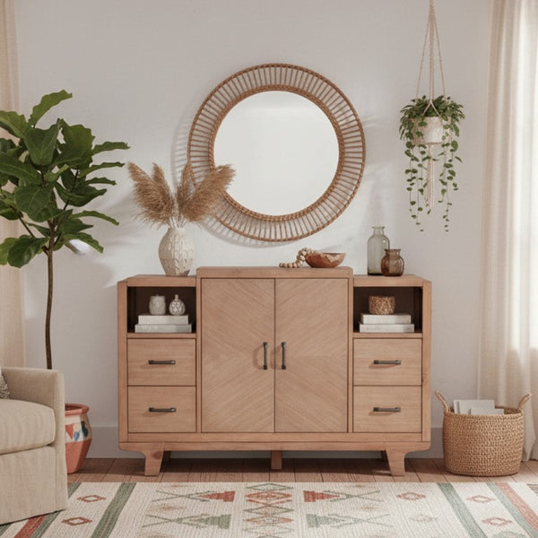 Alpine Furniture Olejo Sideboard Natural — 54"X18"X36" Fully Assembled Storage With 4 Drawers, Hidden Drawer, Cabinets, Durable Finish 3426-06