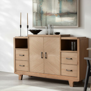 Alpine Furniture Olejo Sideboard Natural — 54"X18"X36" Fully Assembled Storage With 4 Drawers, Hidden Drawer, Cabinets, Durable Finish 3426-06