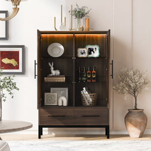 English Elm 60'' Tall Display Cabinet with LED Lighting, Tempered Glass Doors, 4 Adjustable Shelves & Drawers Black + Dark Walnut N845P261801D