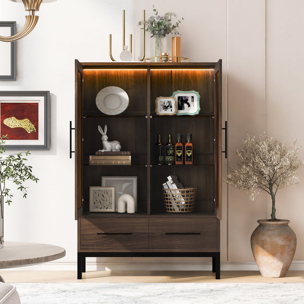 English Elm 60'' Tall Display Cabinet with LED Lighting, Tempered Glass Doors, 4 Adjustable Shelves & Drawers Black + Dark Walnut N845P261801D