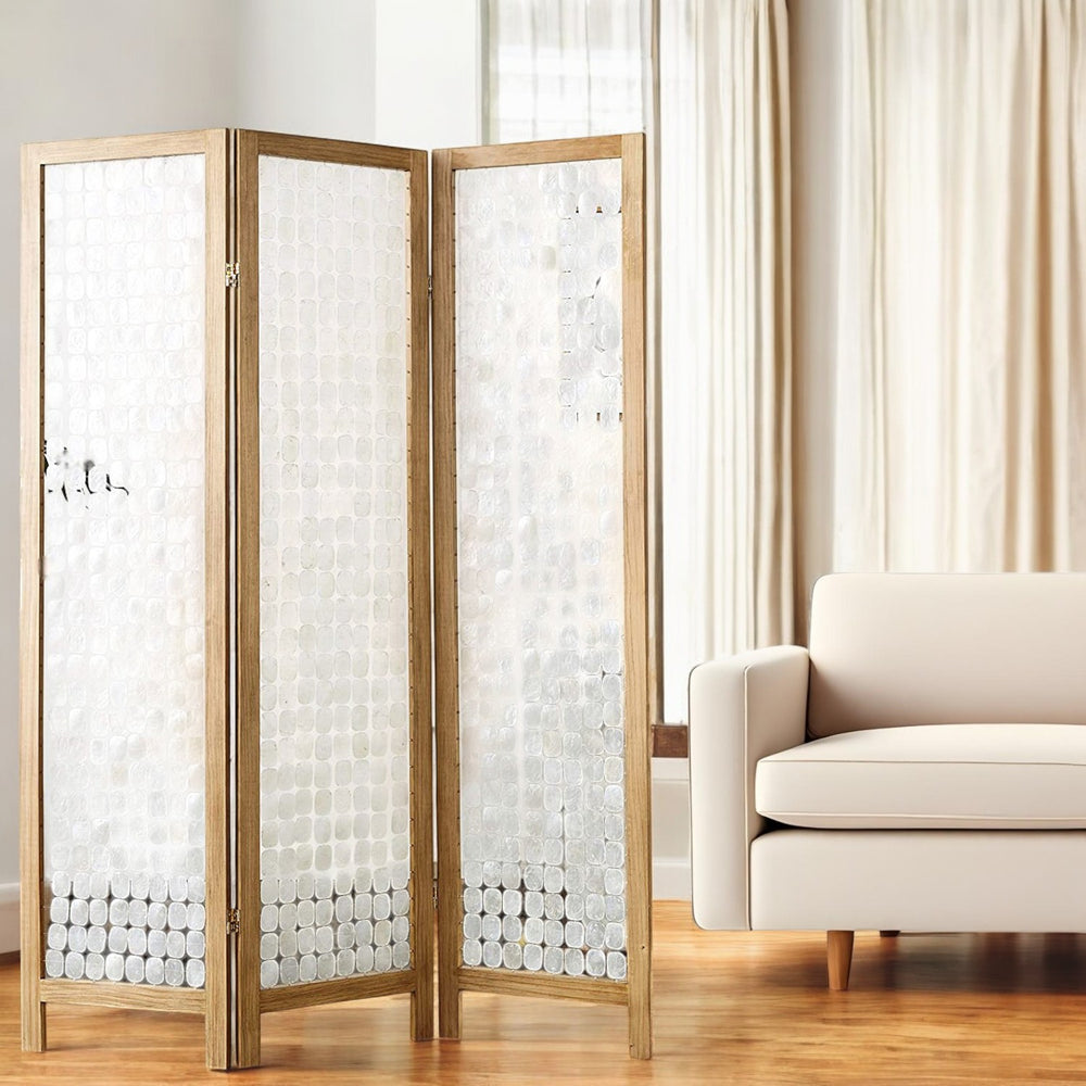 Homeroots 71" Clear Folding Three Panel Screen Room Divider  Capiz Shell 342720