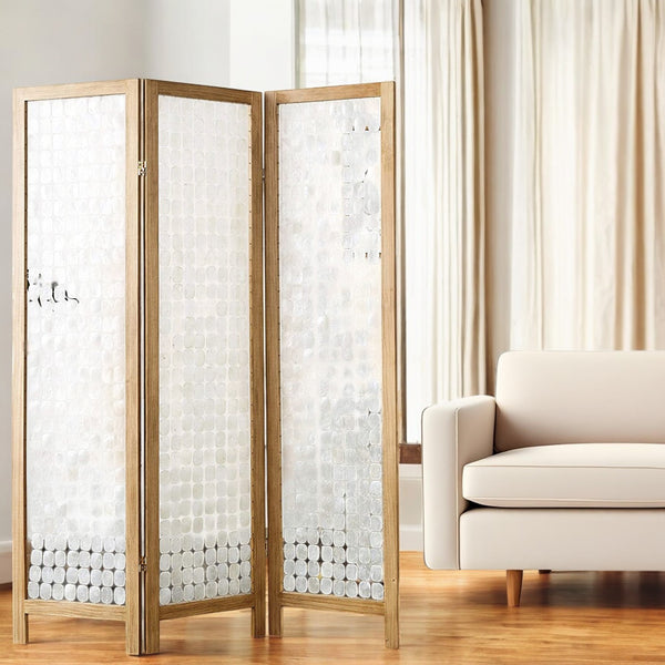 Homeroots 71" Clear Folding Three Panel Screen Room Divider  Capiz Shell 342720