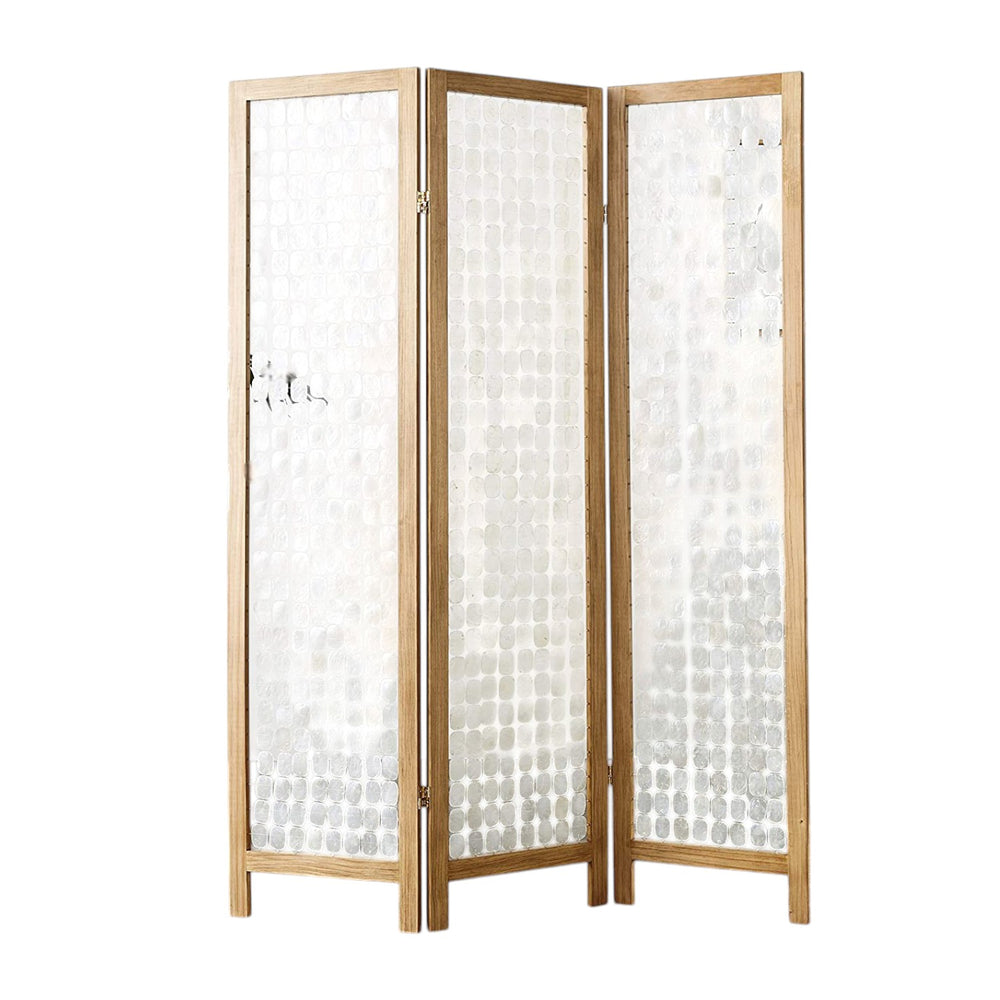 Homeroots 71" Clear Folding Three Panel Screen Room Divider  Capiz Shell 342720