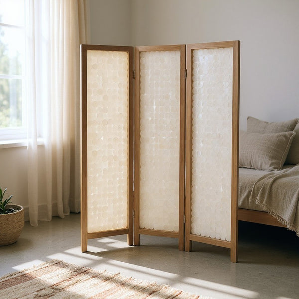 HomeRoots 71" Clear Folding Room Divider - Elegant Three-Panel Capiz Shell Screen for Modern Home Decor 342720