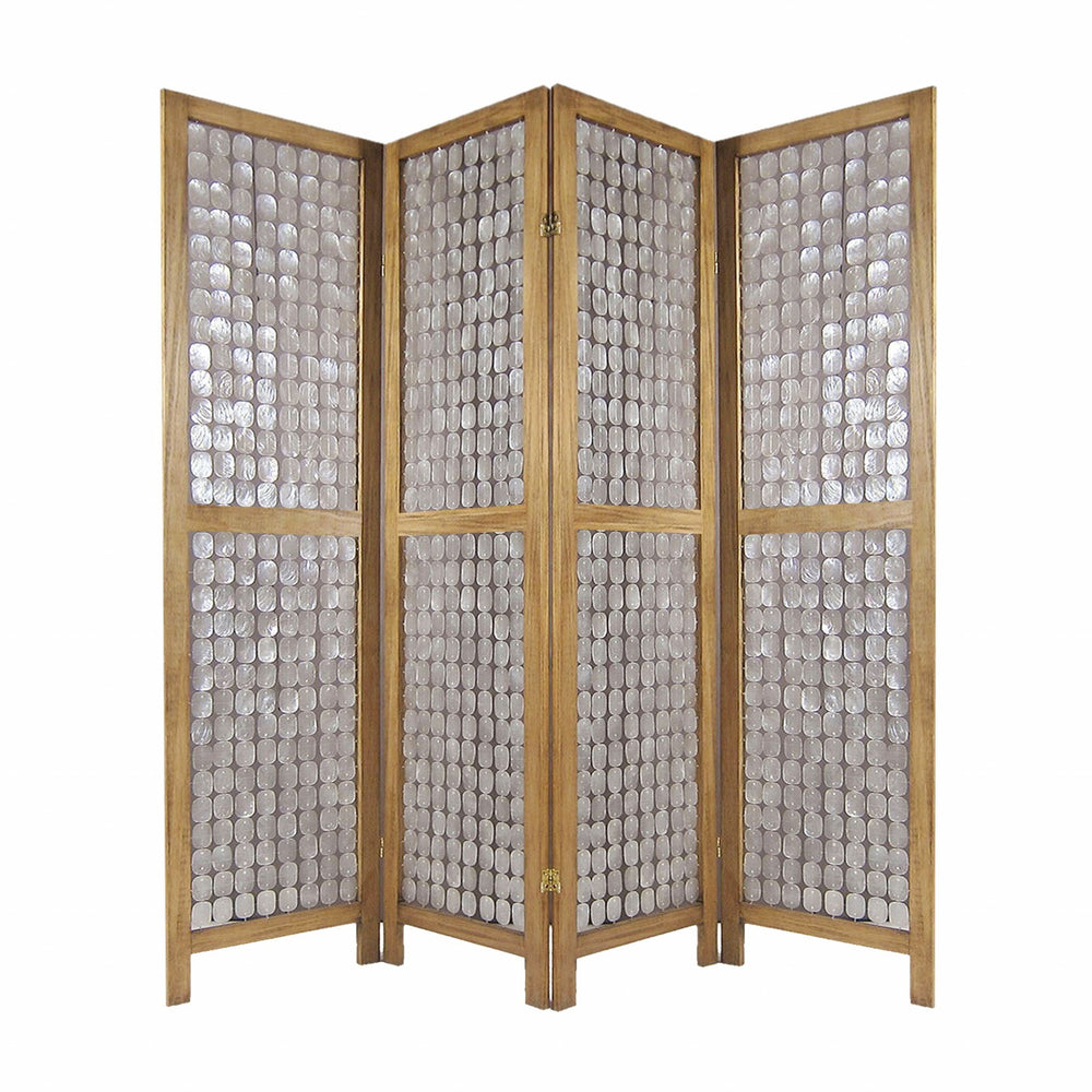 Homeroots 84" Clear Capiz Mother Of Pearl Folding Three Panel Screen Room Divider  Wood 342721