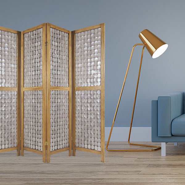 Homeroots 84" Clear Capiz Mother Of Pearl Folding Three Panel Screen Room Divider  Wood 342721