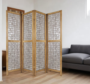 Homeroots 84" Clear Capiz Mother Of Pearl Folding Three Panel Screen Room Divider  Wood 342721