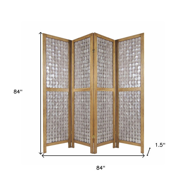 Homeroots 84" Clear Capiz Mother Of Pearl Folding Three Panel Screen Room Divider  Wood 342721