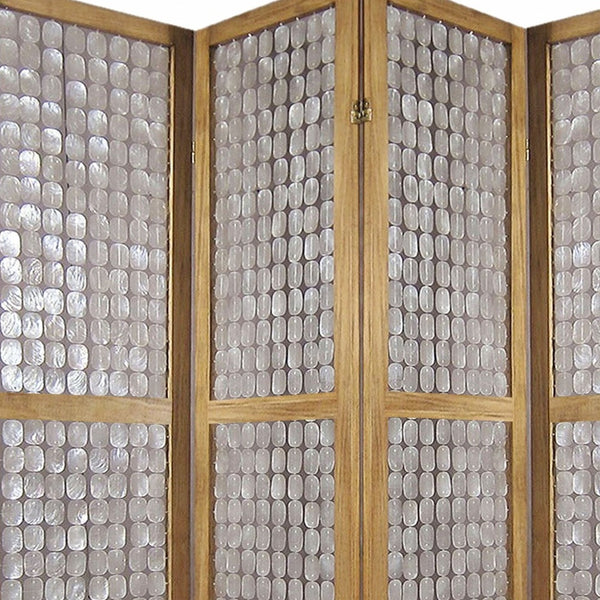 Homeroots 84" Clear Capiz Mother Of Pearl Folding Three Panel Screen Room Divider  Wood 342721