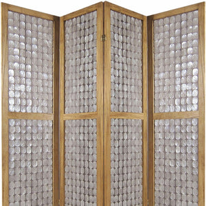 Homeroots 84" Clear Capiz Mother Of Pearl Folding Three Panel Screen Room Divider  Wood 342721