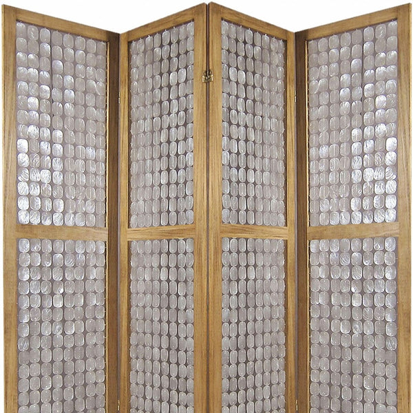 Homeroots 84" Clear Capiz Mother Of Pearl Folding Three Panel Screen Room Divider  Wood 342721