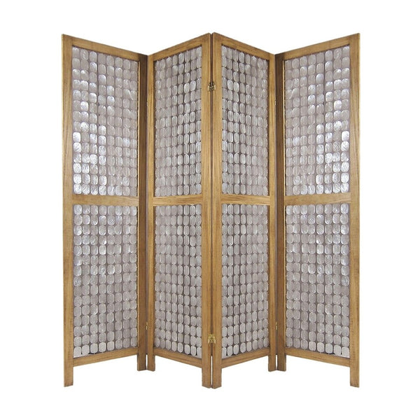 HomeRoots 84" Capiz Mother of Pearl Folding Three Panel Screen - Elegant Room Divider with Artisanal Charm 342721