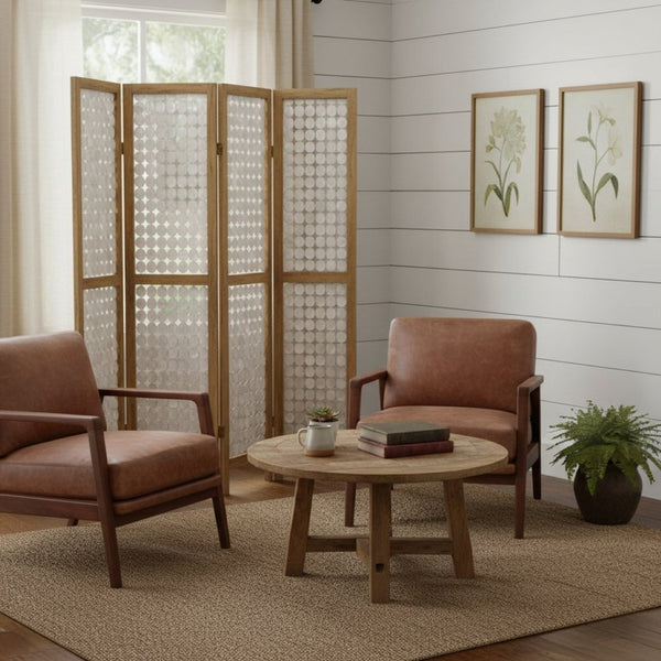 HomeRoots 84" Capiz Mother of Pearl Folding Three Panel Screen - Elegant Room Divider with Artisanal Charm 342721