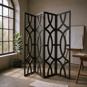 HomeRoots 84" Modern Black Solid Wood Folding Screen - Stylish Room Divider & Privacy Accent for Any Space 342722