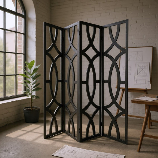HomeRoots 84" Modern Black Solid Wood Folding Screen - Stylish Room Divider & Privacy Accent for Any Space 342722