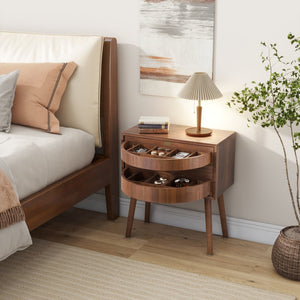 English Elm Rotating Rattan Nightstand Push Open Hidden Storage Mid Century Wood Leg Bedside Walnut N761P288451N