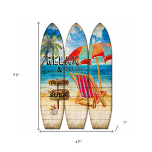 Homeroots 71" Blue And Beige Solid Wood Folding Three Panel Screen Room Divider   342730