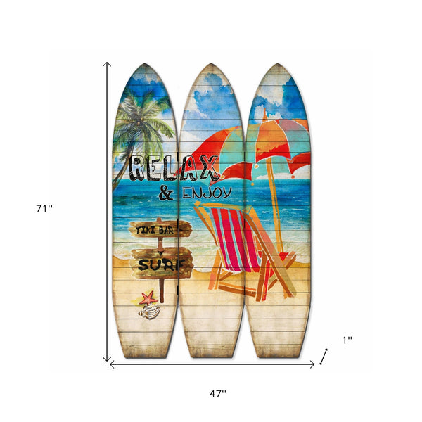 Homeroots 71" Blue And Beige Solid Wood Folding Three Panel Screen Room Divider   342730