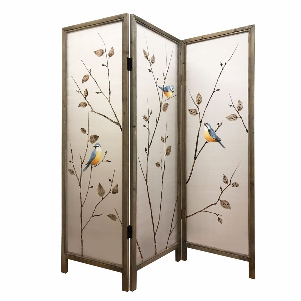 HomeRoots 63" Elegant Brown Fabric & Wood Folding Three-Panel Room Divider - Stylish Privacy Screen & Accent 342737