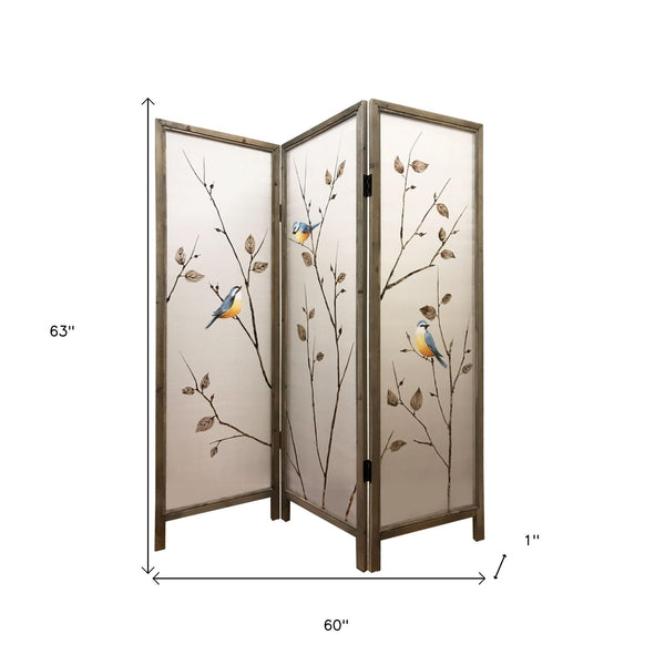 Homeroots 63" Brown Fabric And Wood Folding Three Panel Screen Room Divider  Fabric And Manufactured Wood 342737