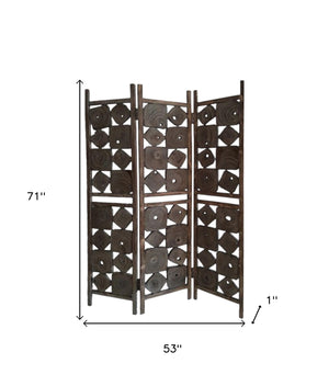 Homeroots 71" Brown Solid Wood Folding Three Panel Screen Room Divider   342739