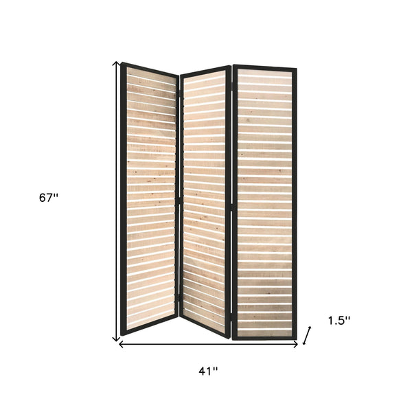 Homeroots 67" Natural Wood And Iron Folding Three Panel Screen Room Divider  Metal 342740