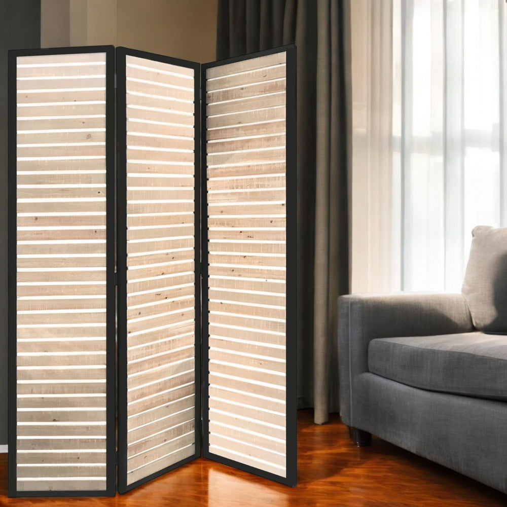 Homeroots 67" Natural Wood And Iron Folding Three Panel Screen Room Divider  Metal 342740