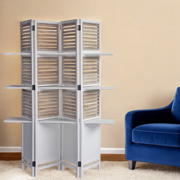 Homeroots 71" White Wood Folding Four Panel Screen Room Divider  Wood 342741