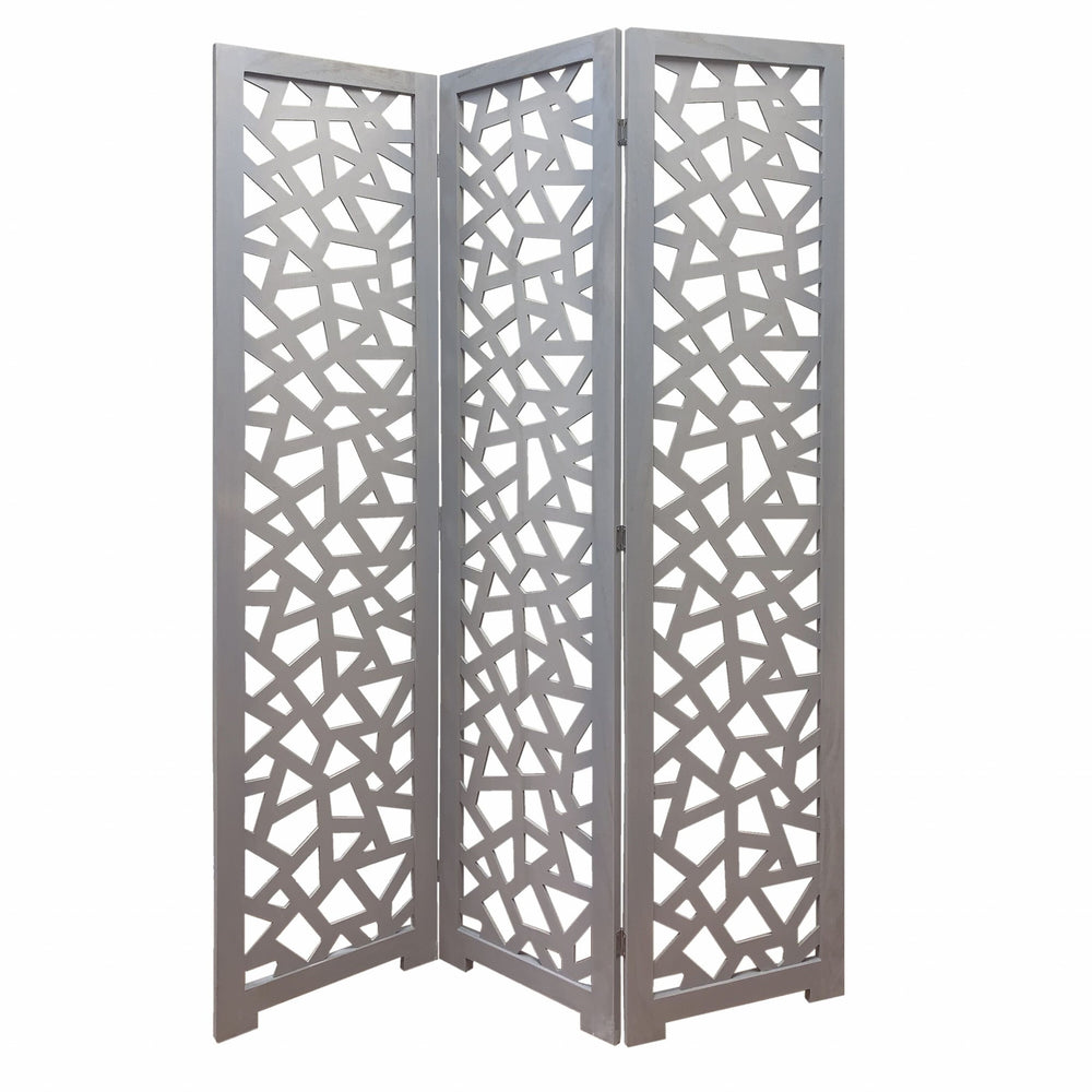 Homeroots 50" Gray Solid Wood Folding Three Panel Screen Room Divider   342745